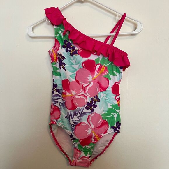 Floral Kids Swimwear with Ruffle - Pink and Green - Picture 1 of 3